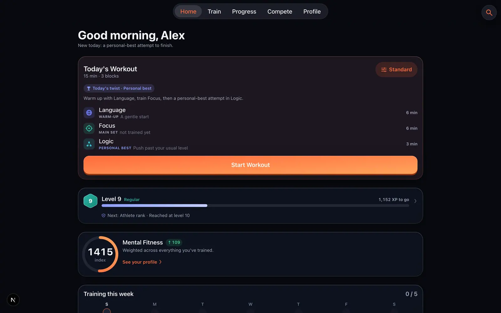The MindXP web app: the day's workout, training level and mental-fitness index.
