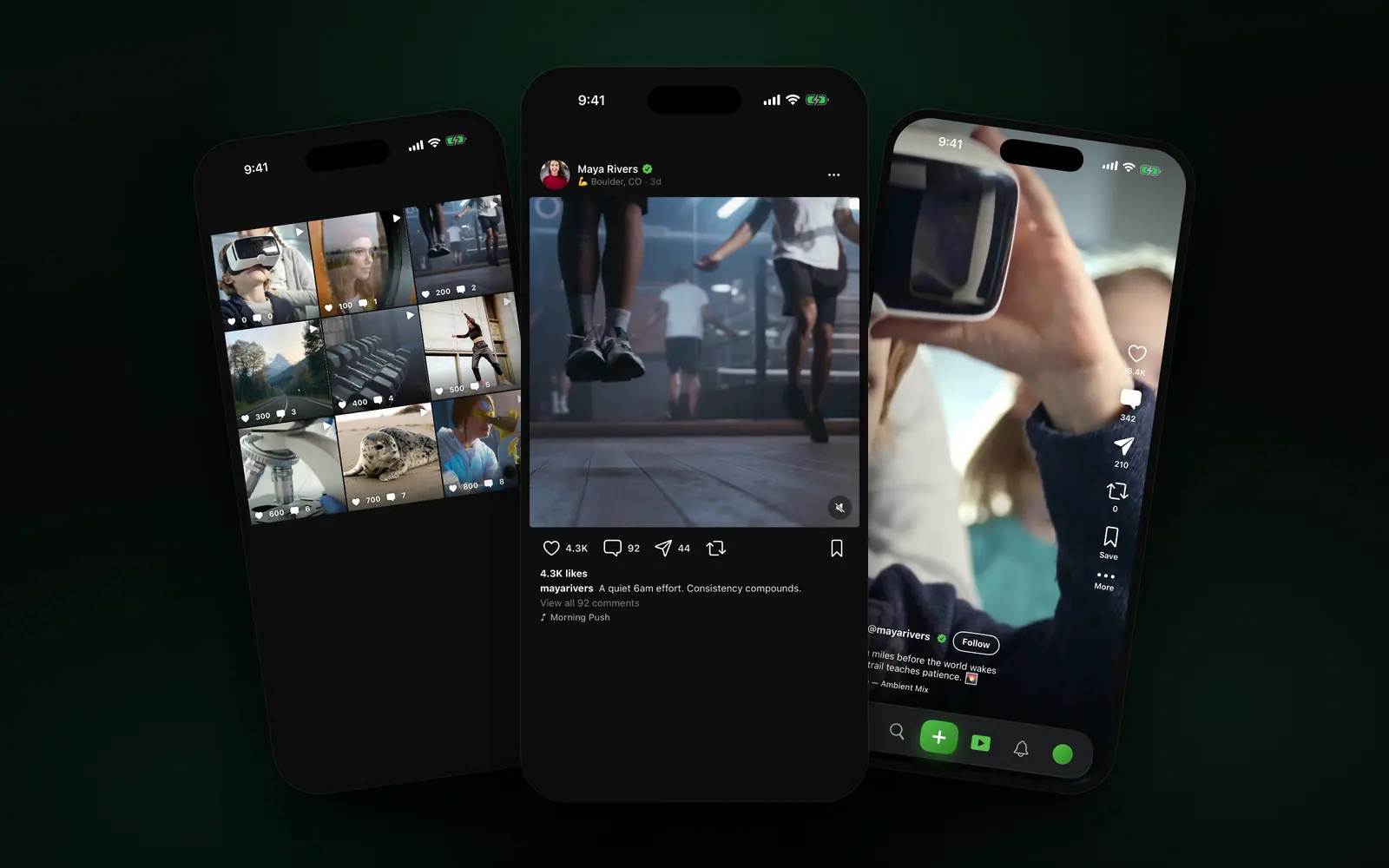 The Strive iOS app: the feed, the explore grid and the reel player.