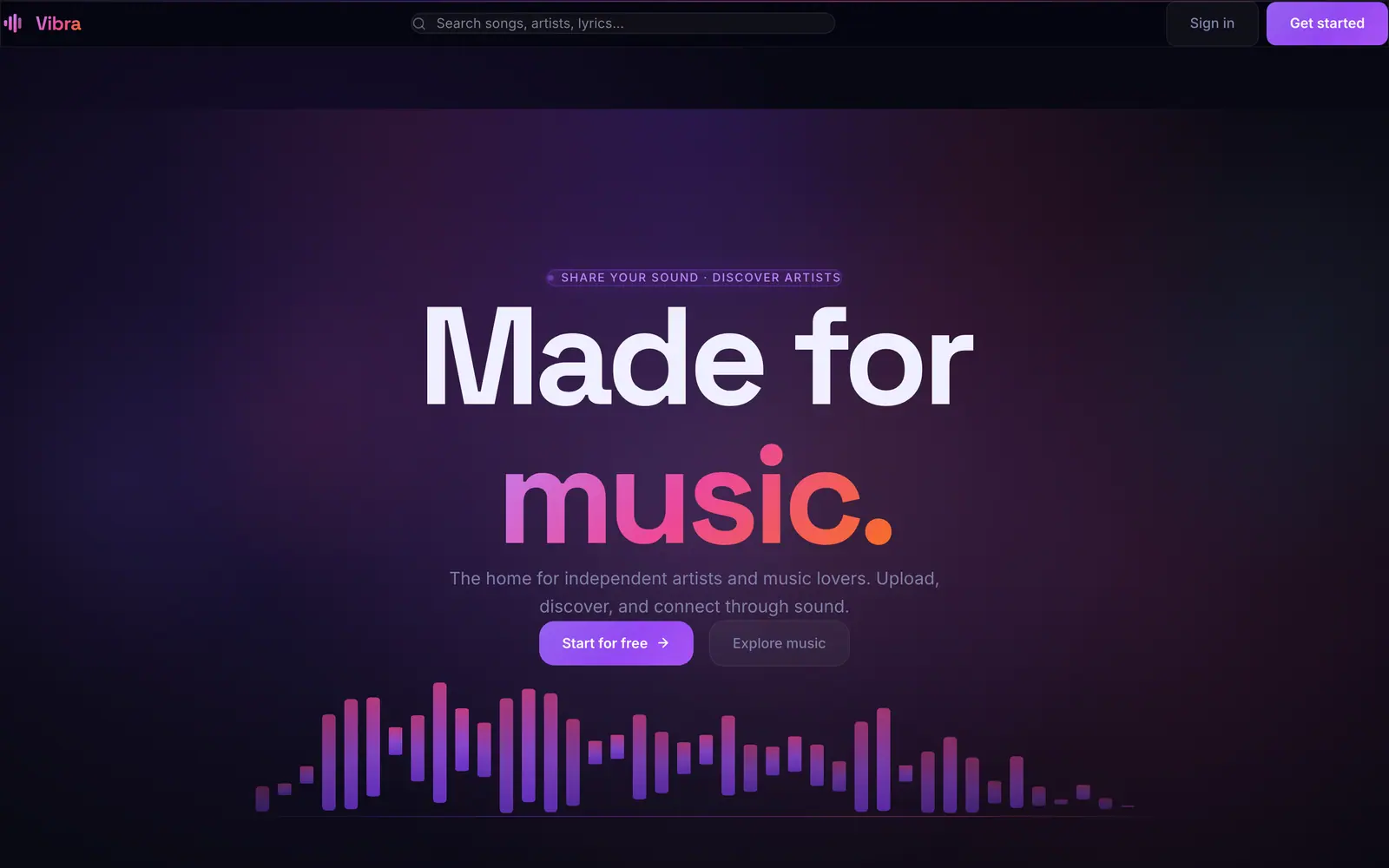 The Vibra web app's front page.